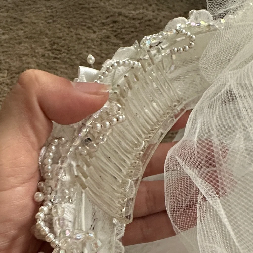 White Beaded Bridal Veil with Floral Applique